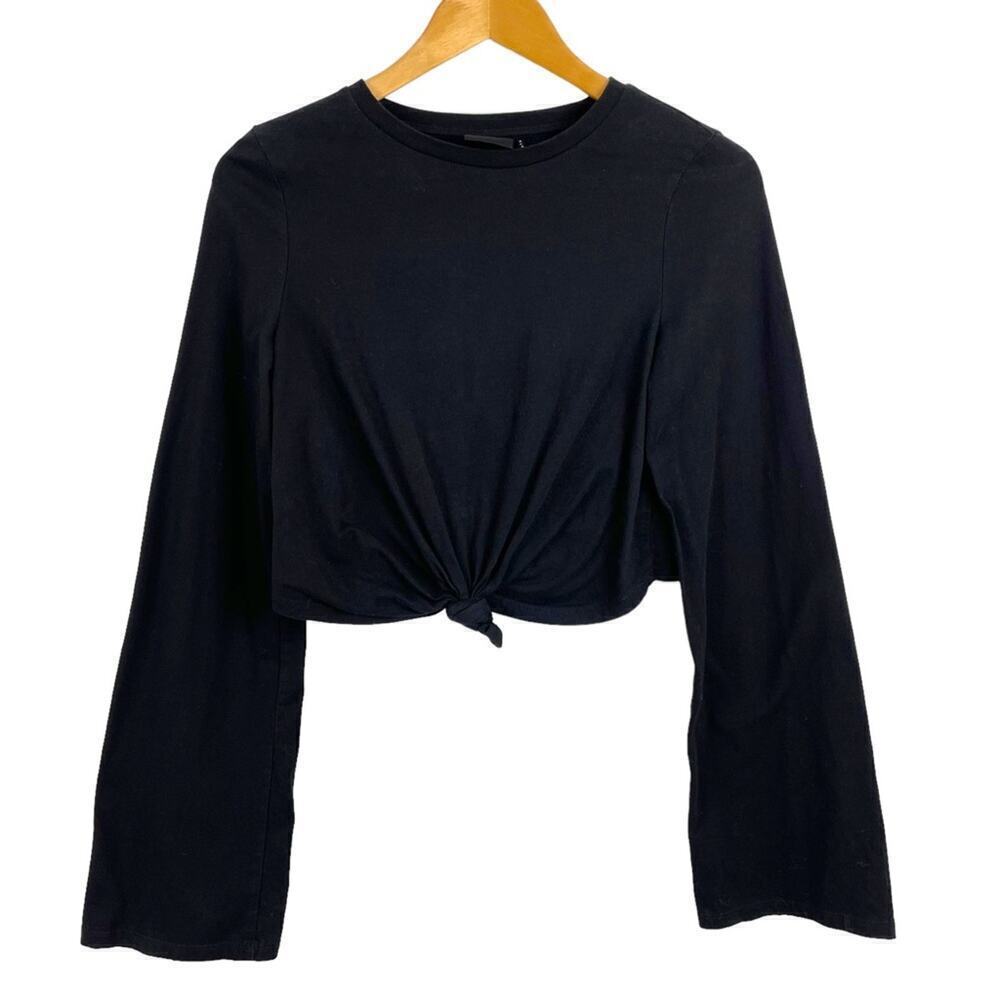 UO Out From Under Cropped Flare Long Sleeve Black Tie Knot Front Shirt Medium